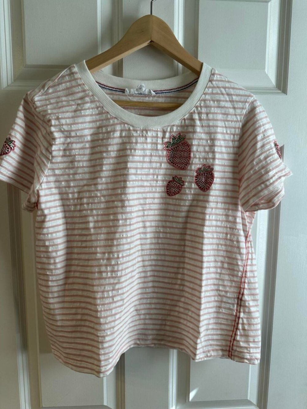 JANE + DELANCEY M Pink Stripe Strawberry Rhinestone Tee Short Sleeve Novelty